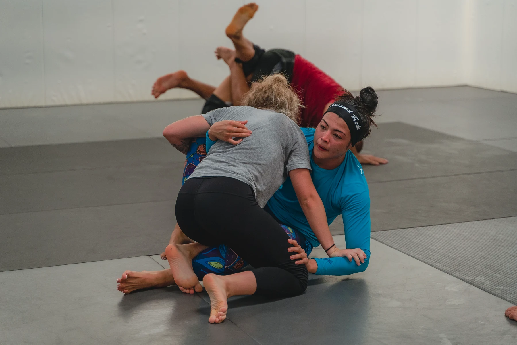 Wrestlers training in a focused practice session